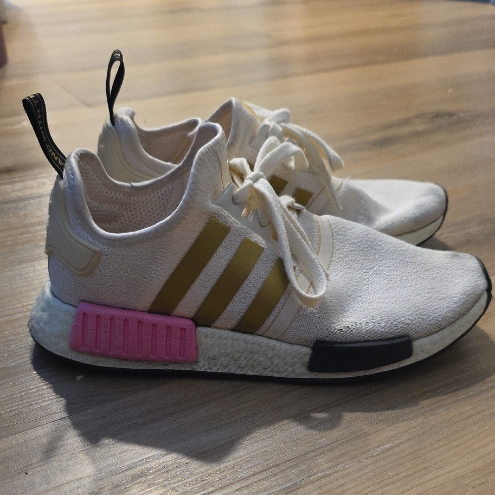 Adidas NMD R1 Cream with Gold and Pink Accents